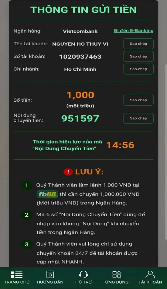 thực hiện nạp tiền FB88