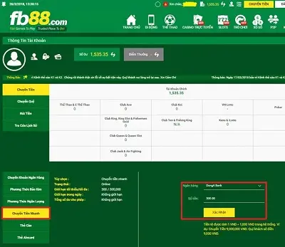Bước 2 chuyển tiền FB88 bằng hình thức chuyển tiền nhanh