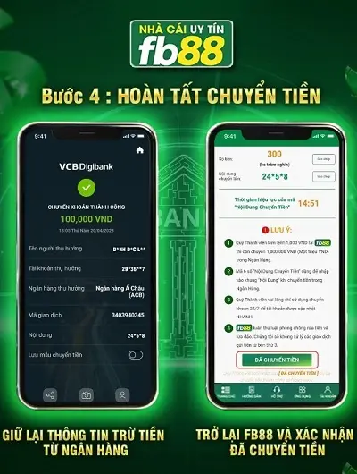 Bước 4 nạp tiền Fb88 bằng hình thức chuyển khoản ngan hàng 24/7