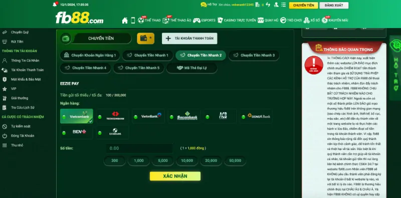 Lưu ý cho newbie khi chuyển tiền FB88 qua Eeziepay